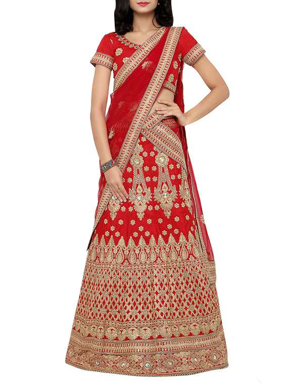 red raw silk panelled lehenga