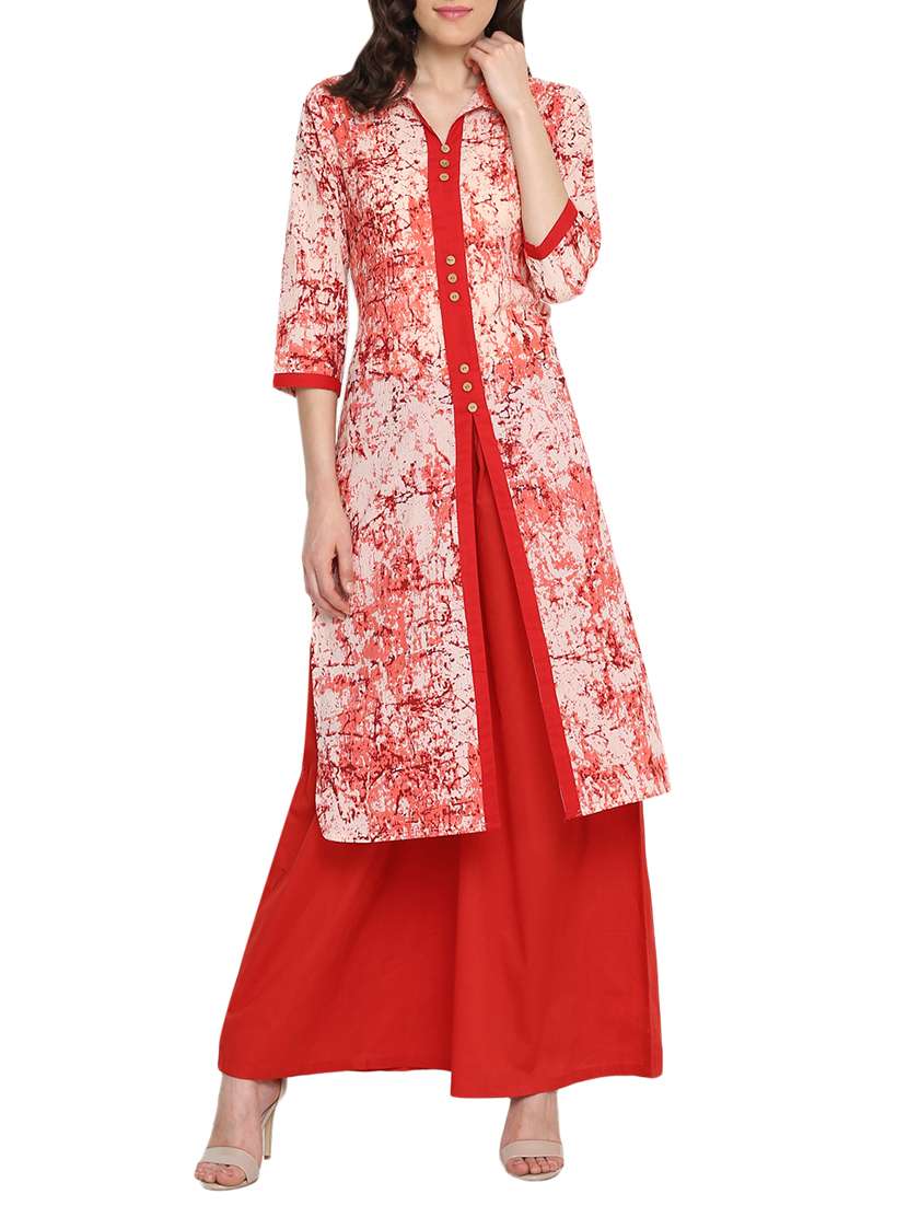 red cotton high slit kurta