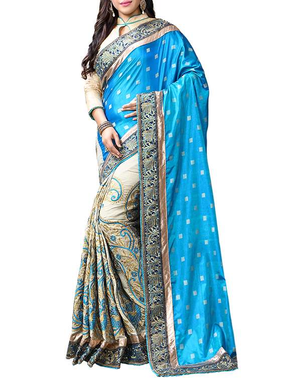 blue embroidered half and half  saree with blouse