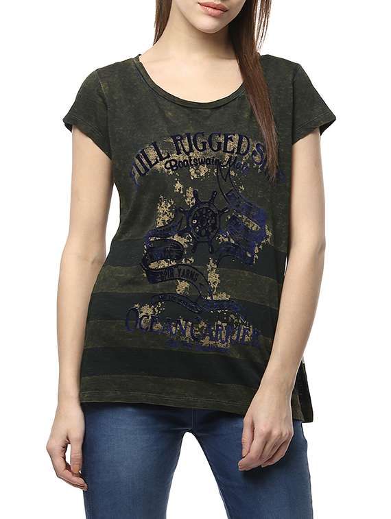 green printed cotton regular tee