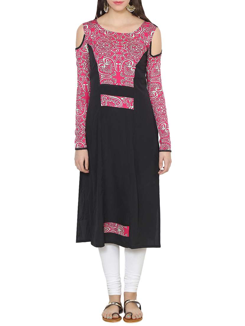black poly crepe printed straight kurta