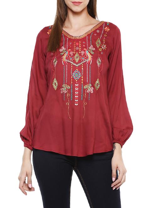 maroon rayon embroidered top - 13712056 -  Standard Image - 0