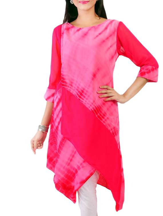 pink georgette asymmetric tie and dye  kurta