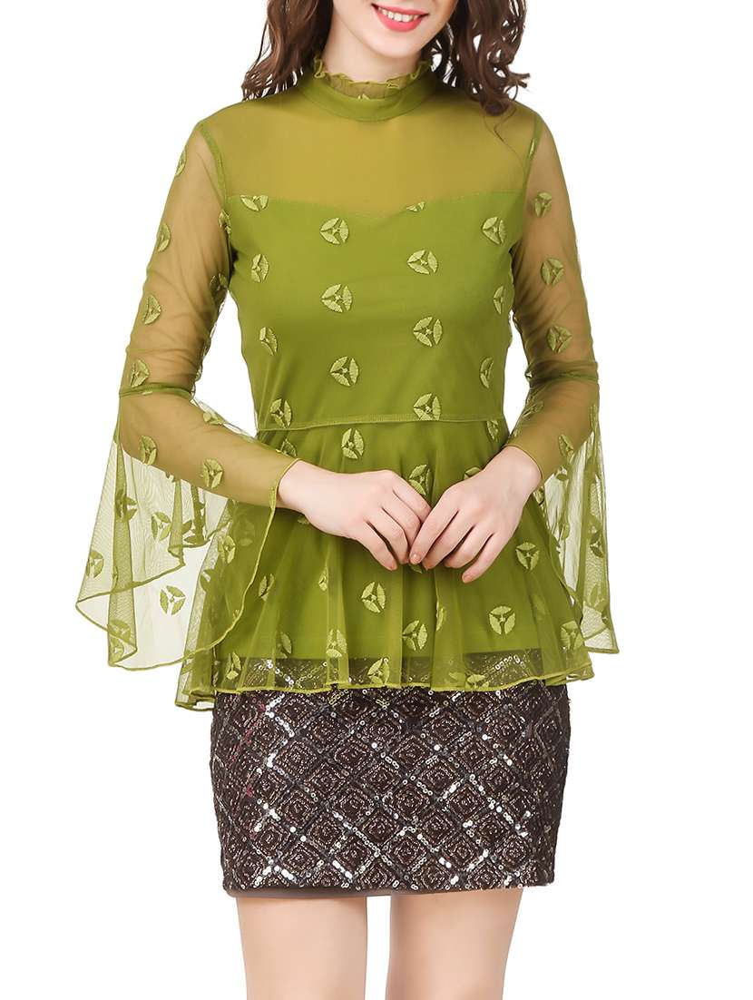 olive bell sleeved embroidered peplum top