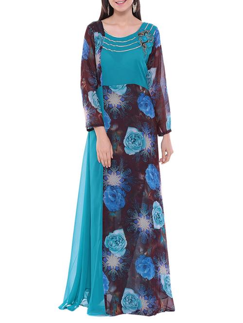 blue georgette printed long kurta - 13718843 - Standard Image - 0