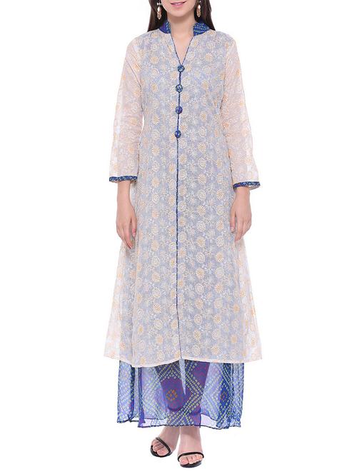 white chanderi printed high slit kurta - 13718849 -  Standard Image - 0