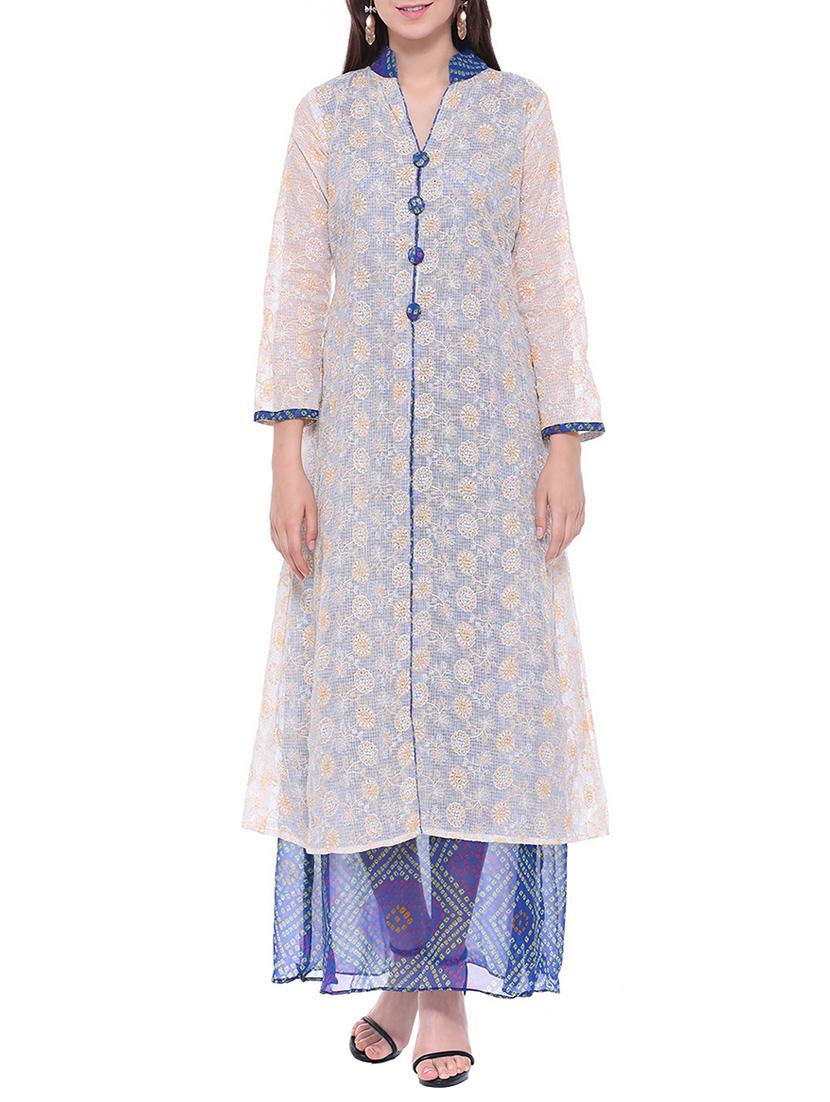 white chanderi printed high slit kurta - 13718849 -  Zoom Image - 0