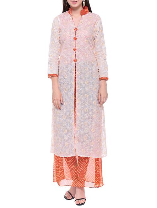 orange chanderi printed high slit kurta - 13718850 -  Standard Image - 0