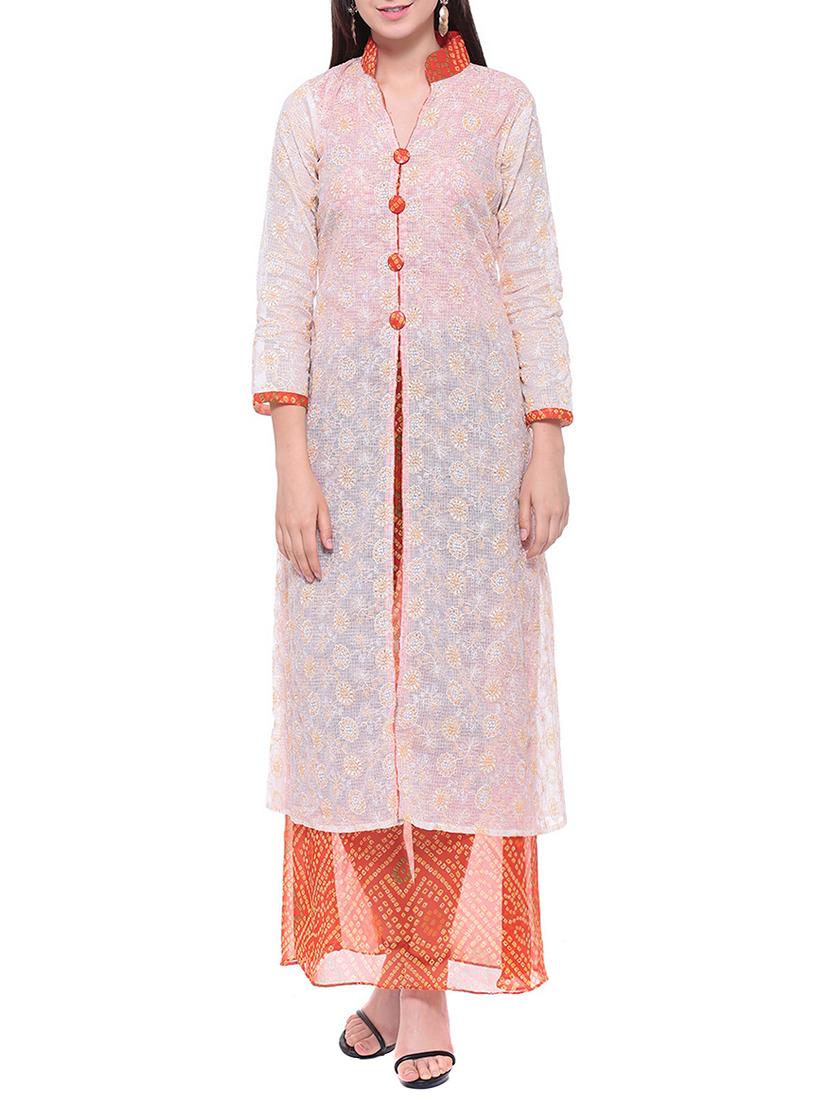orange chanderi printed high slit kurta - 13718850 -  Zoom Image - 0