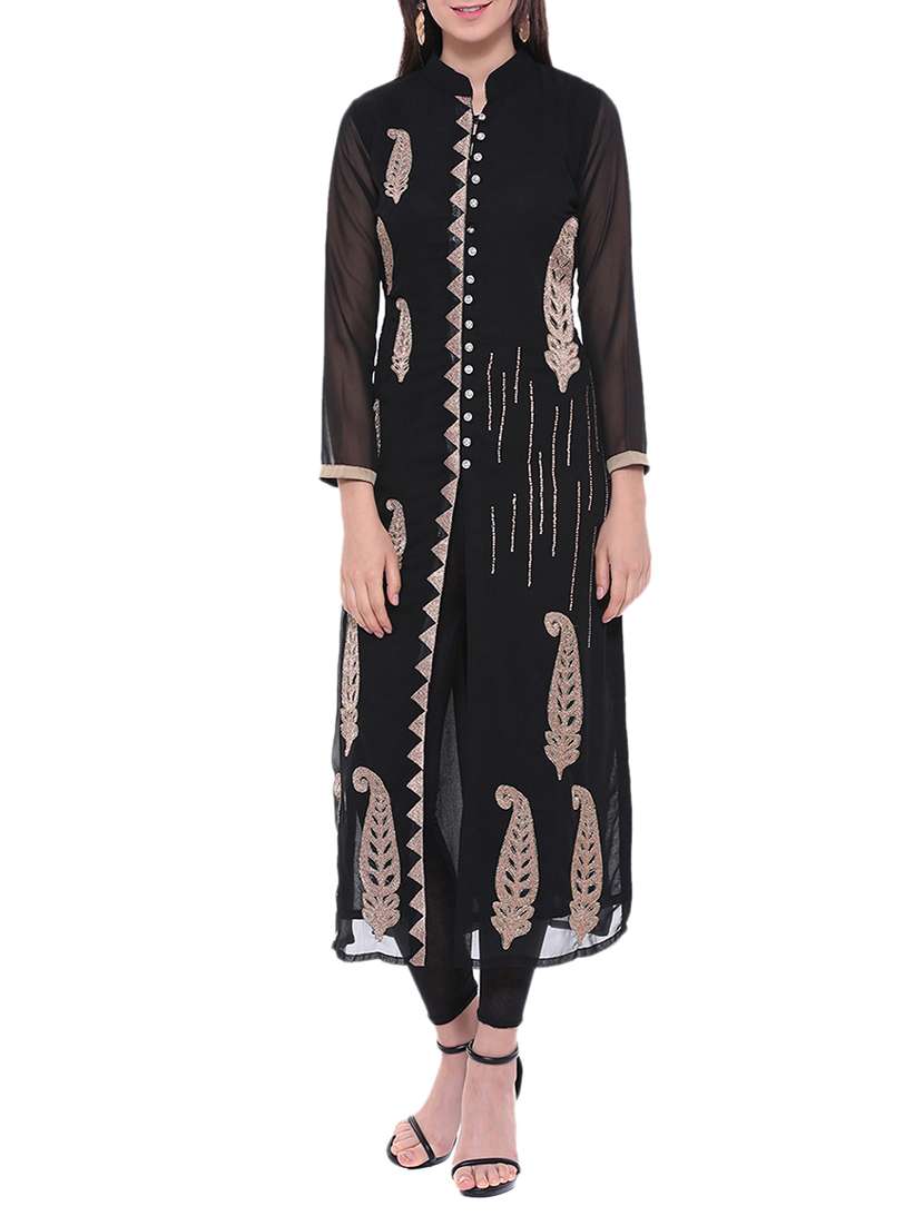 black georgette embroidered long kurta - 13718853 - Zoom Image - 0