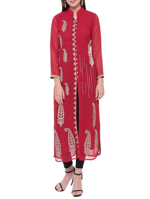 red georgette embroidered high slit kurta - 13718856 -  Standard Image - 0