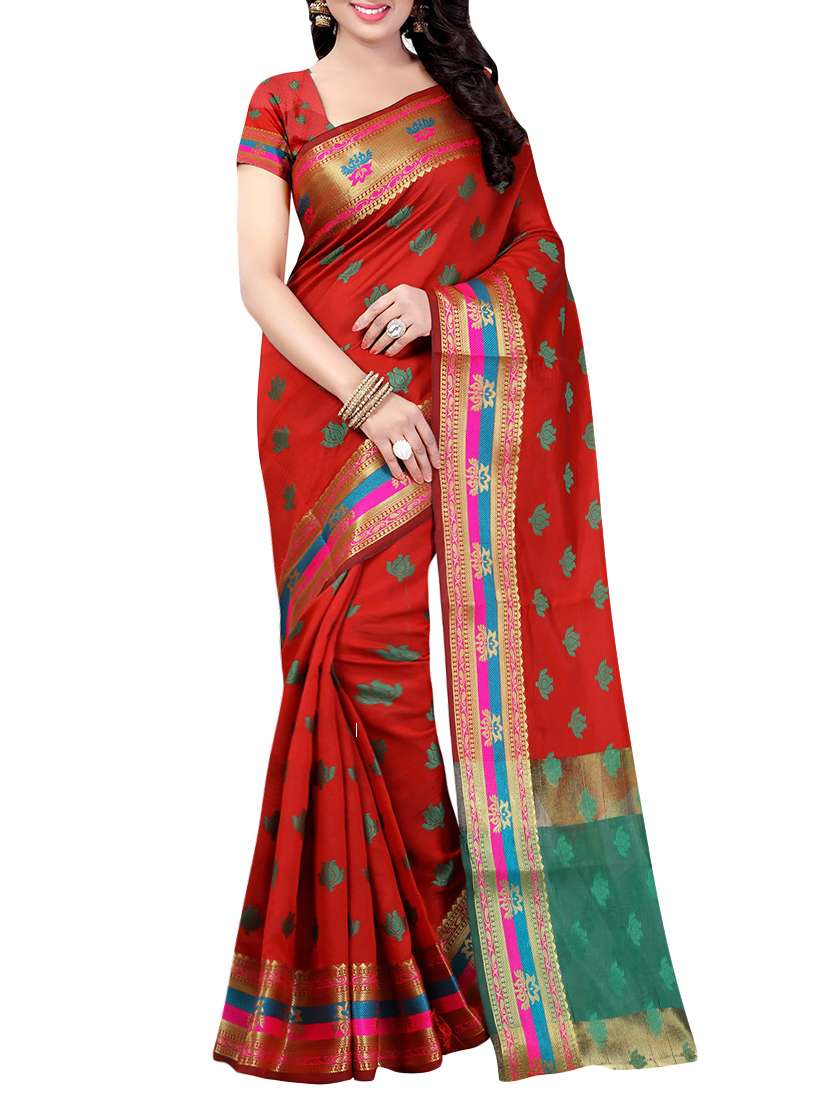 red cotton silk woven saree with blouse