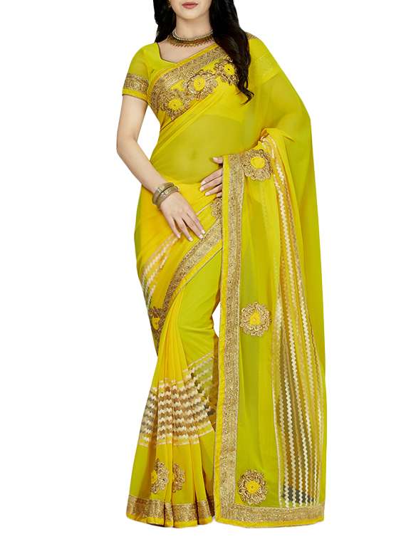 yellow faux georgette embroidered saree with blouse