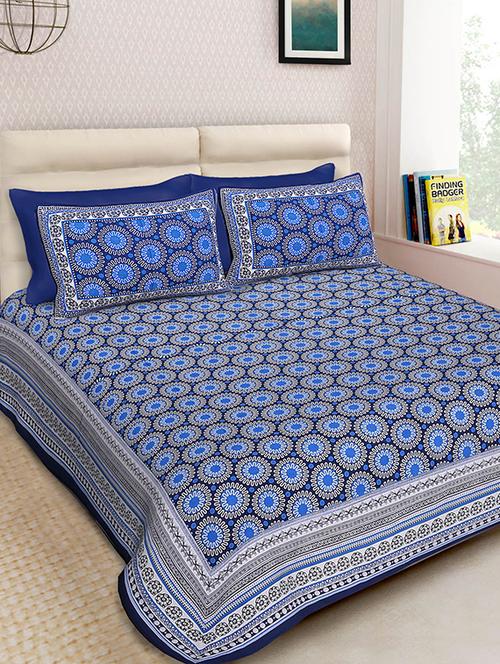 blue cotton printed double bedsheet with two pillow covers - 13739443 - Standard Image - 0