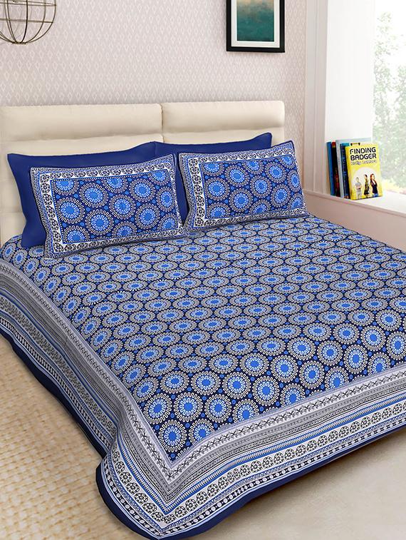 blue cotton printed double bedsheet with two pillow covers - 13739443 - Zoom Image - 0