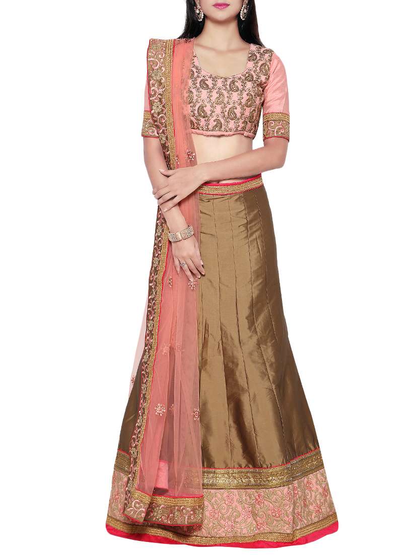brown silk panelled lehenga