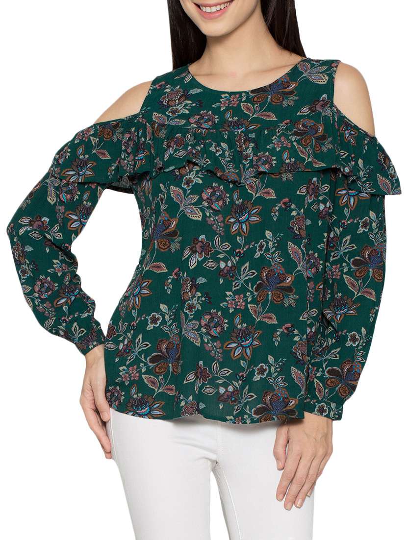dark green rayon ruffle top