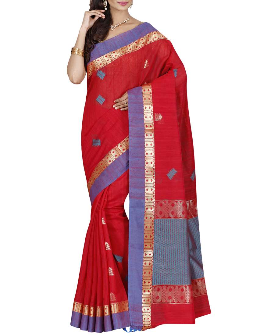 the chennai silks red silk blend woven saree with blouse