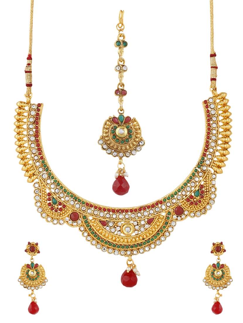 multi colored brass necklace, earrings & mangteeka set