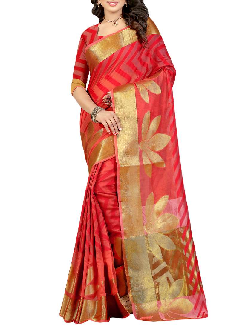 orange cotton woven saree with blouse