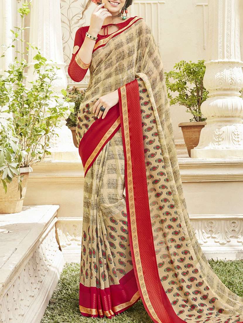 beige faux georgette printed saree with blouse