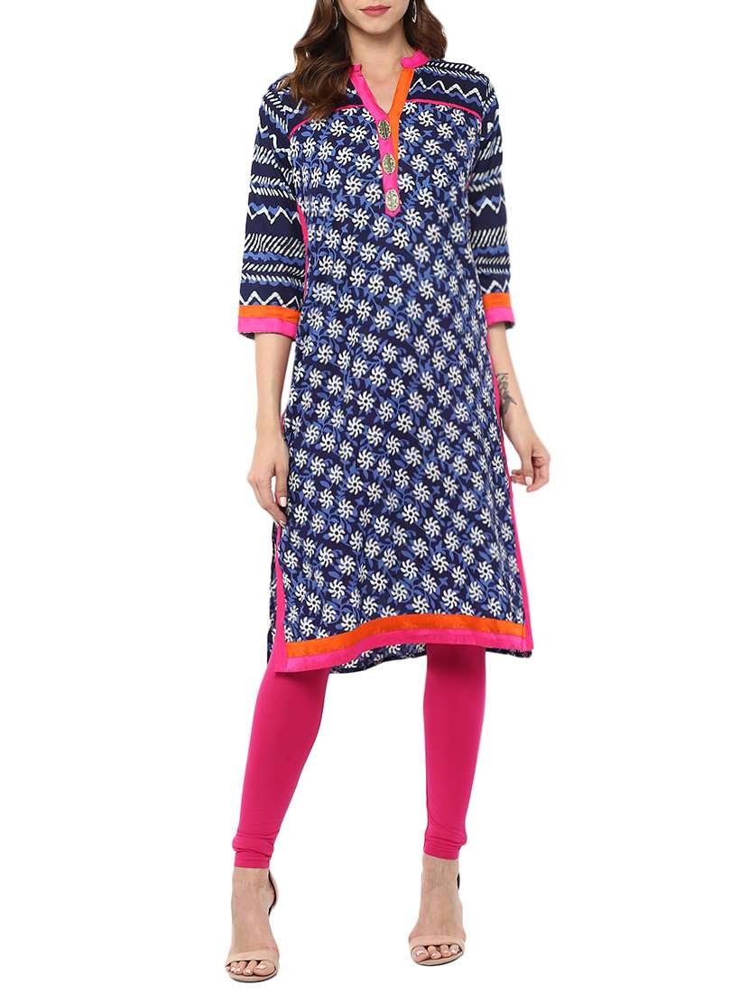 blue cotton printed straight kurta