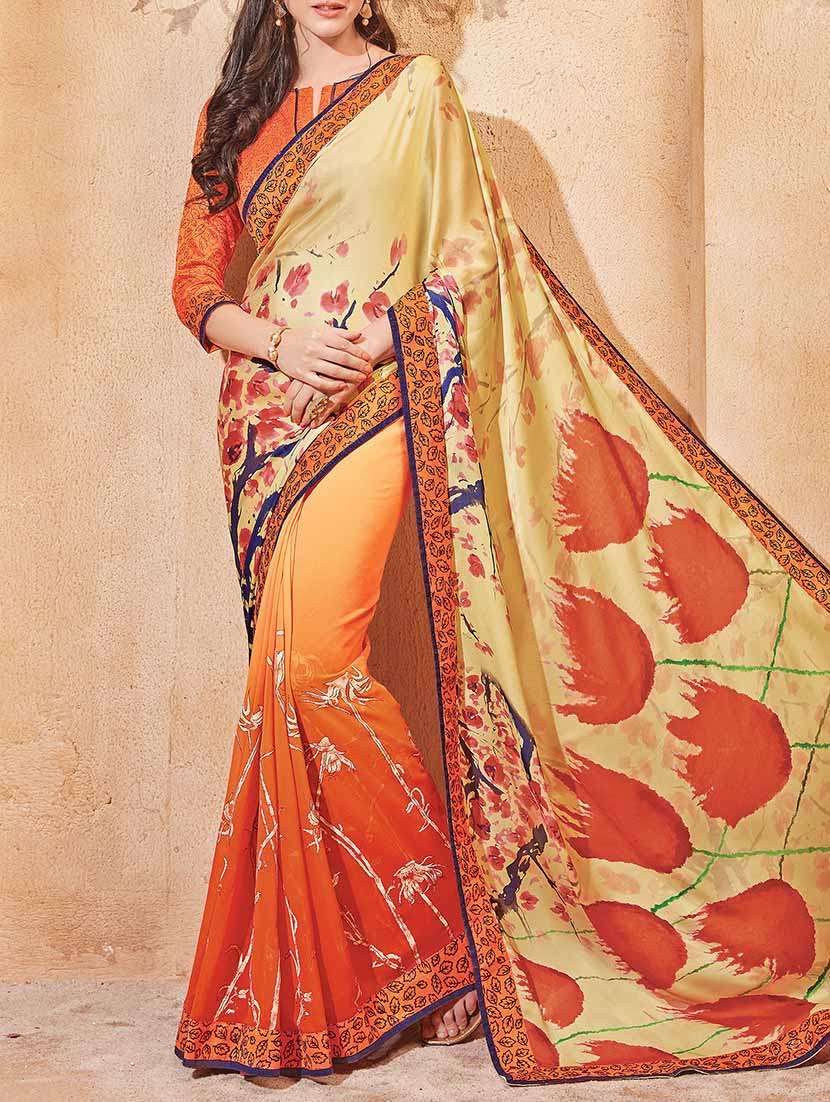 beige and orange  printed half and half saree with blouse