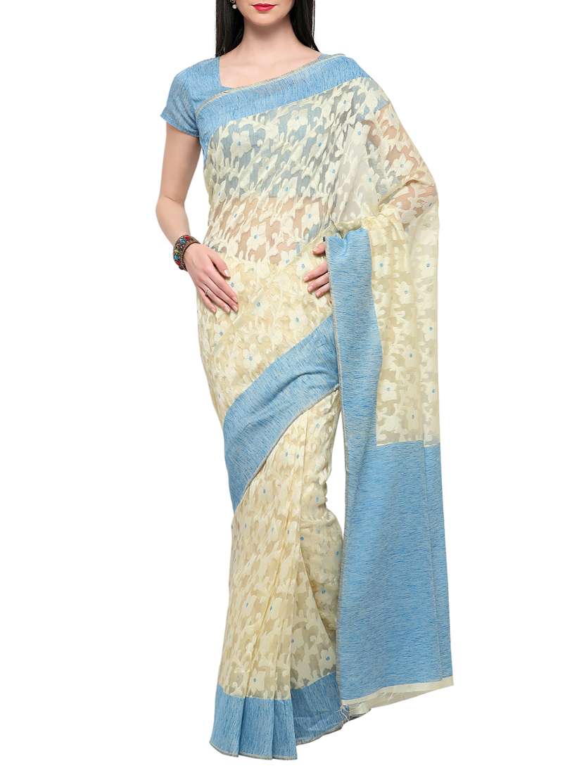 beige & blue net woven saree with blouse