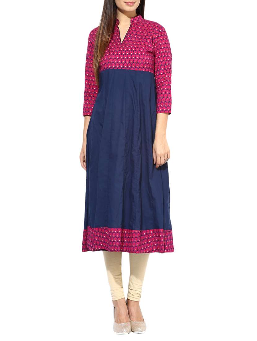 blue cotton printed a-line kurta