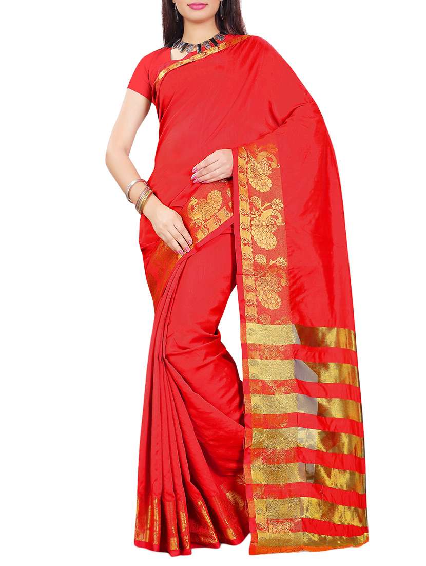 red cotton silk woven saree with blouse