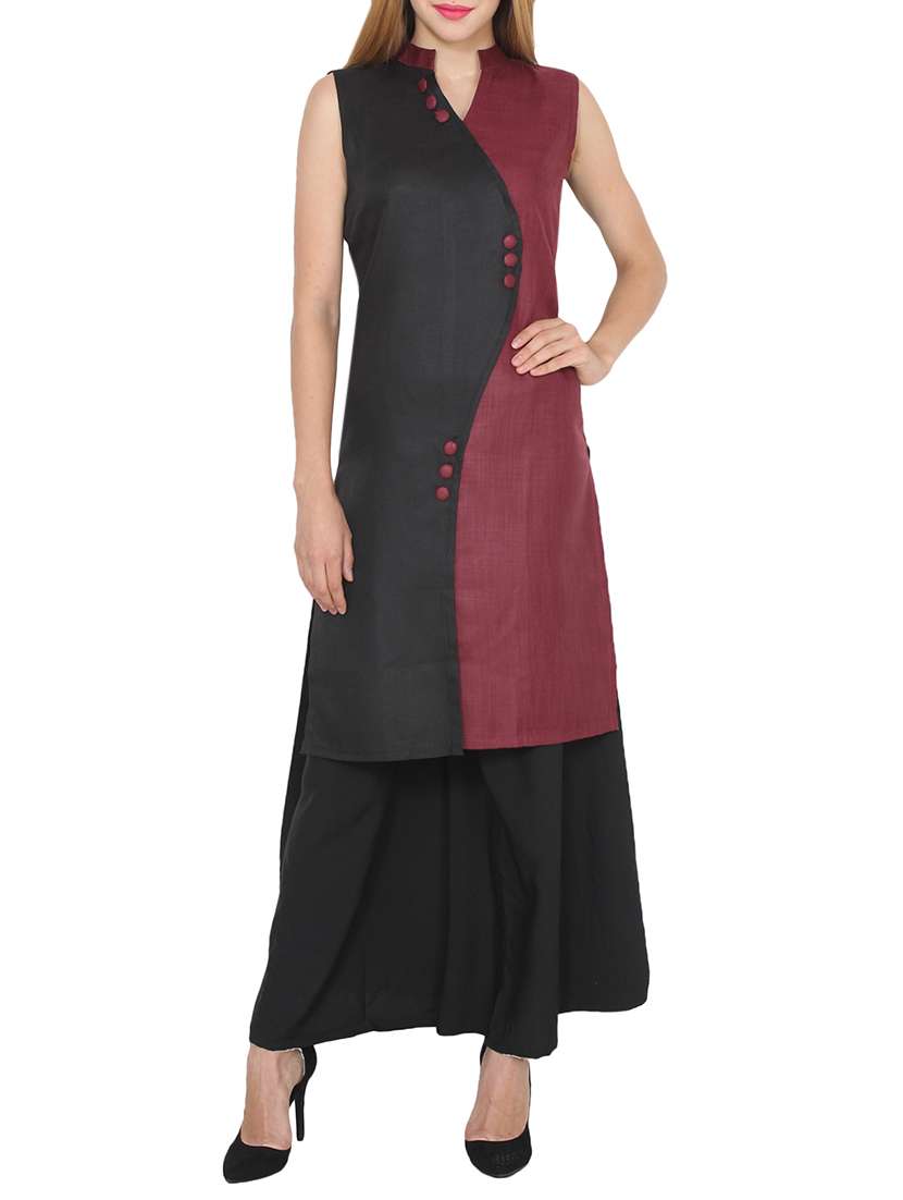 black & maroon poly cotton solid straight kurta