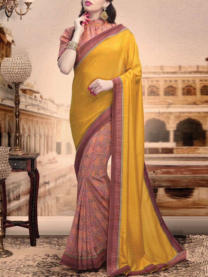 mustard colored  printed half and half saree with blouse - 13758414 -  Zoom Image - 0