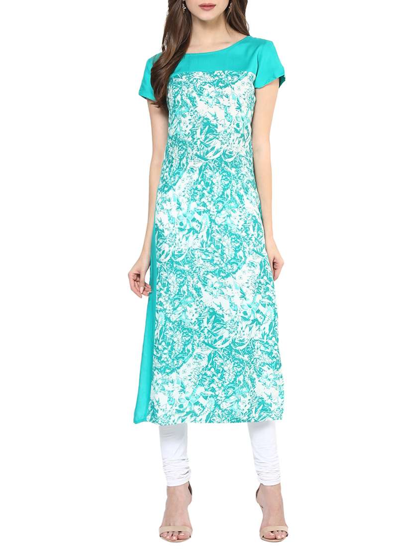 turquoise rayon printed straight kurta