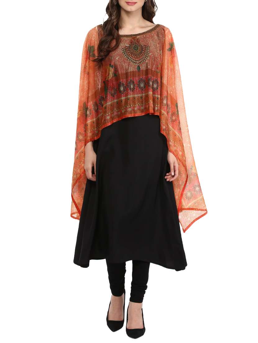 black crepe printed layered kurta