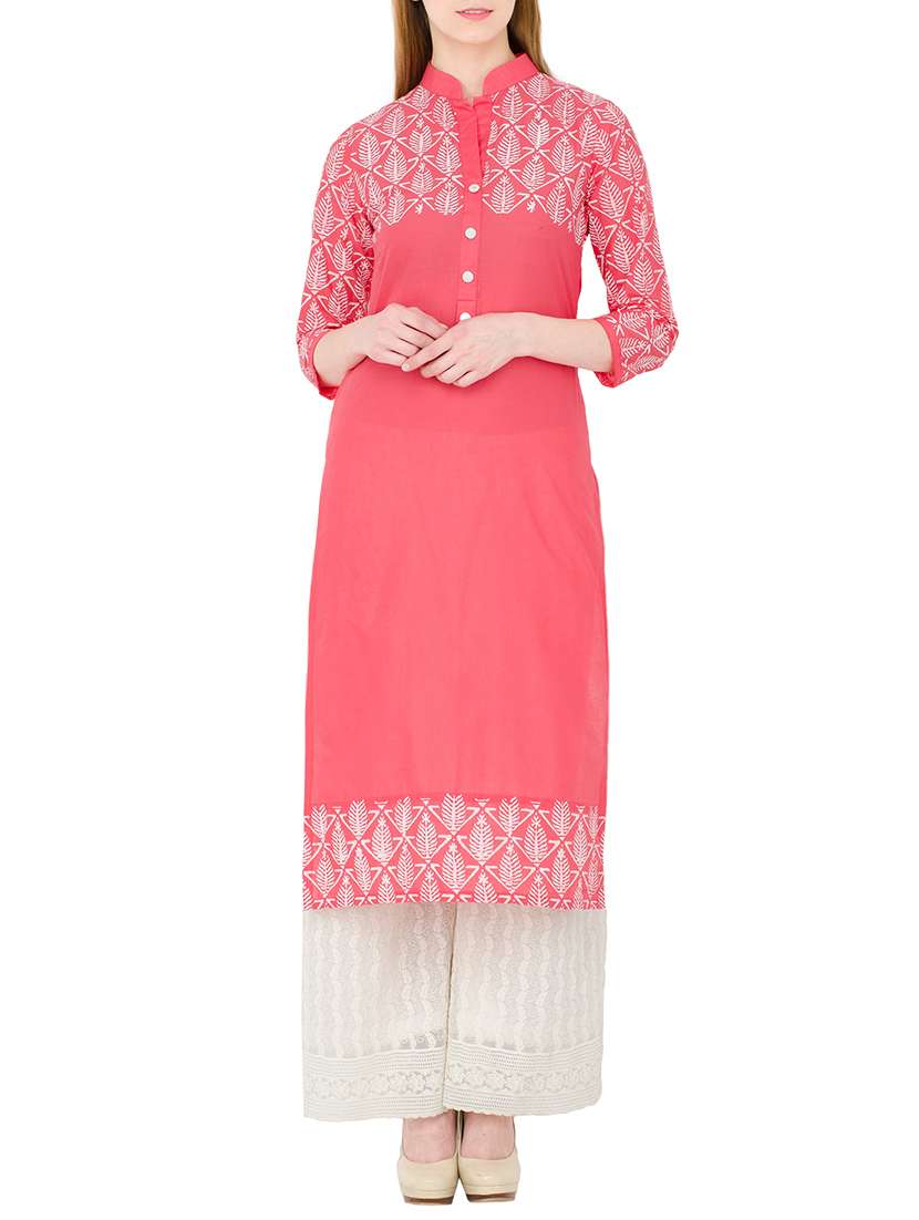 pink cotton printed straight kurta
