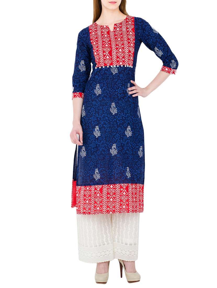 blue cotton printed straight indigo kurta
