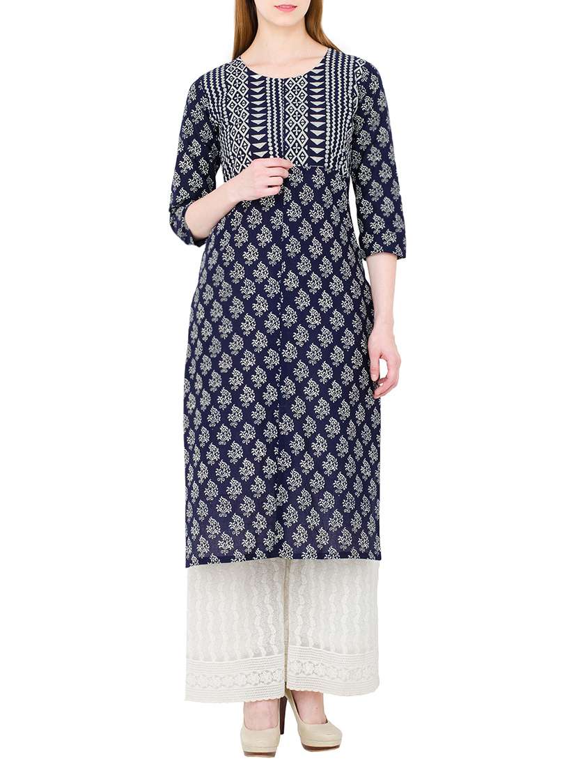 blue cotton printed straight kurta