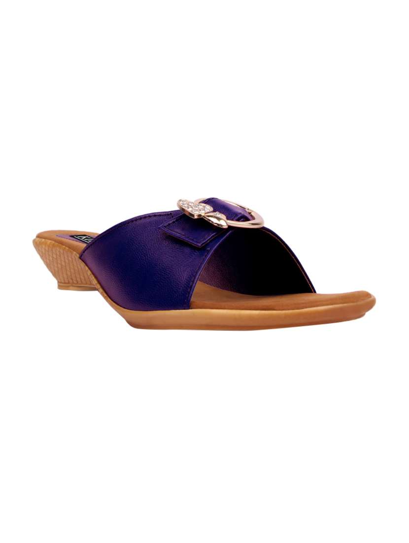 blue faux leather slip on sandals