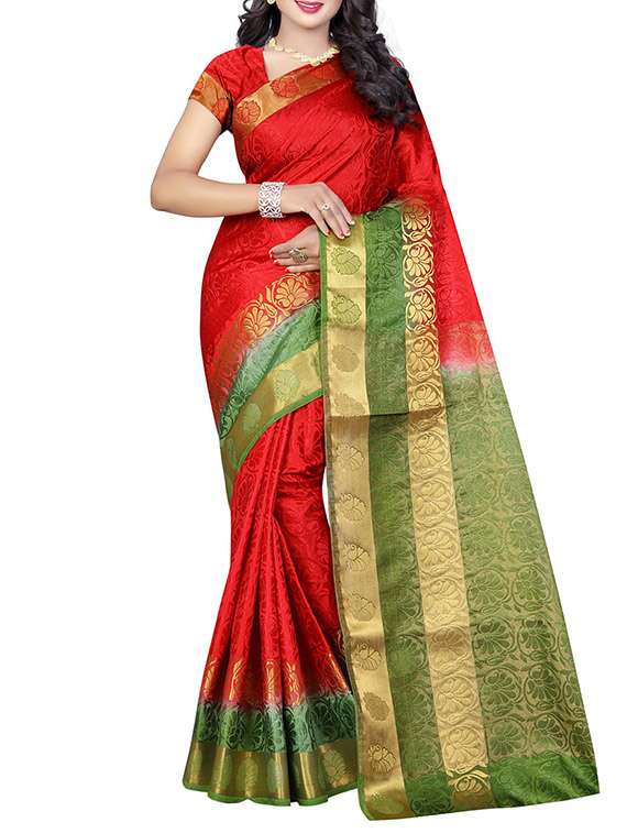 red silk blend woven saree with blouse
