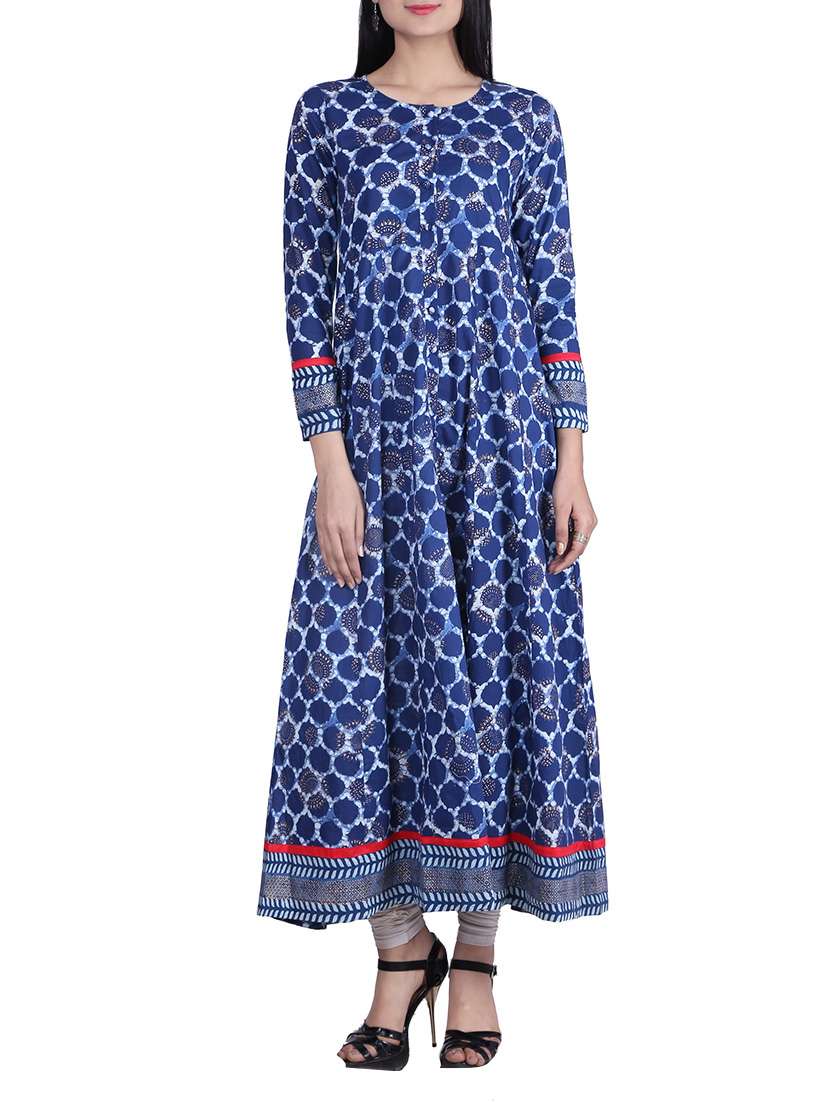 blue cotton printed flared kurta