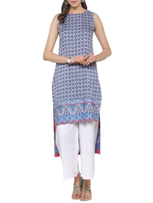 blue cotton printed high-low kurta palazzo set - 13778193 -  Standard Image - 0