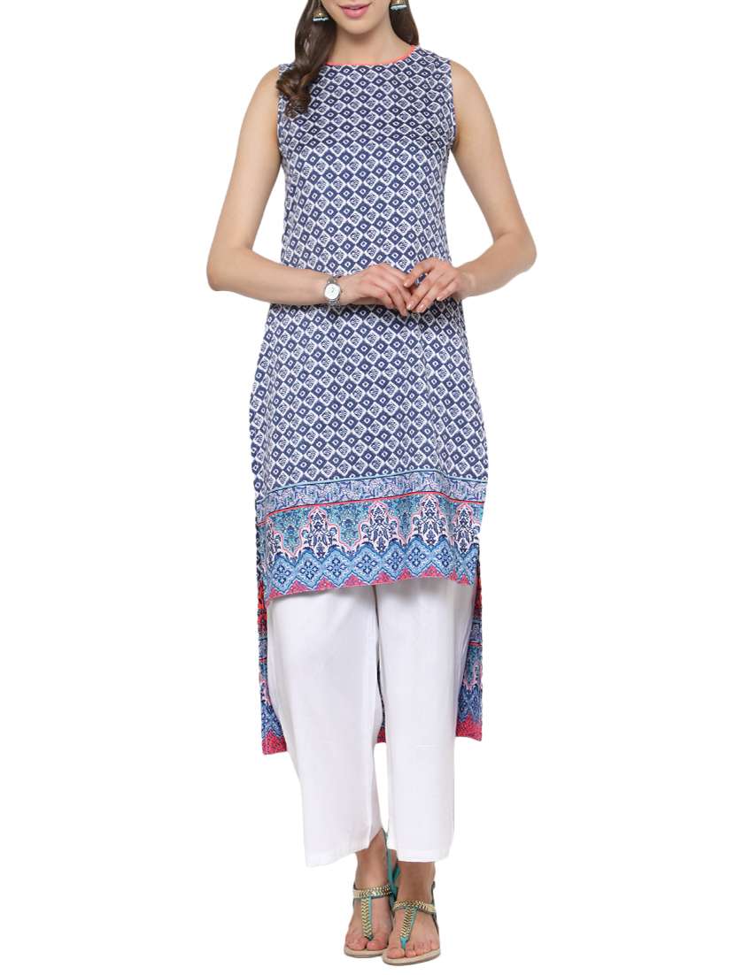 blue cotton printed high-low kurta palazzo set