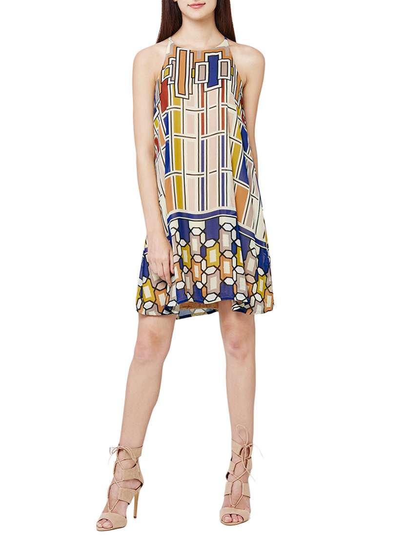 And geometric prints, in-cut shoulder dress