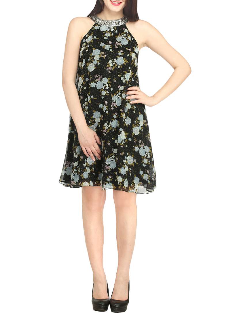 black floral printed poly georgette dress