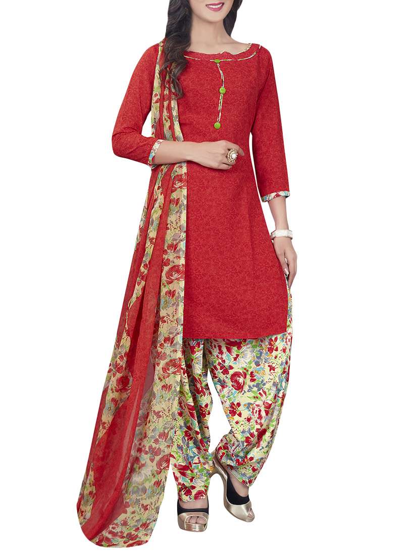 red crepe printed patiyala unstitched suit