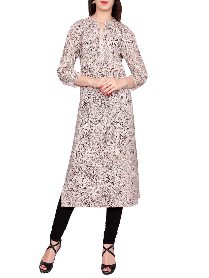 beige cotton printed straight kurta
