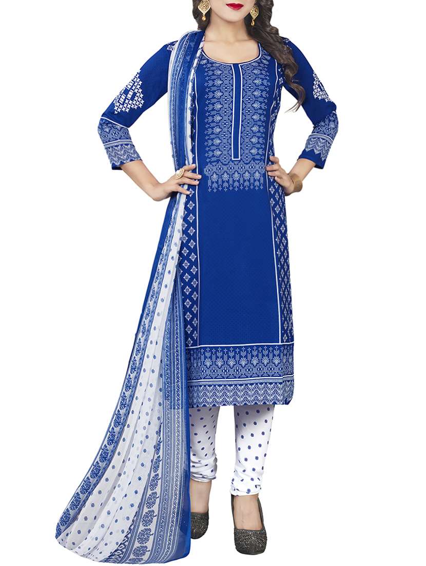 blue crepe printed churidaar suits dress material