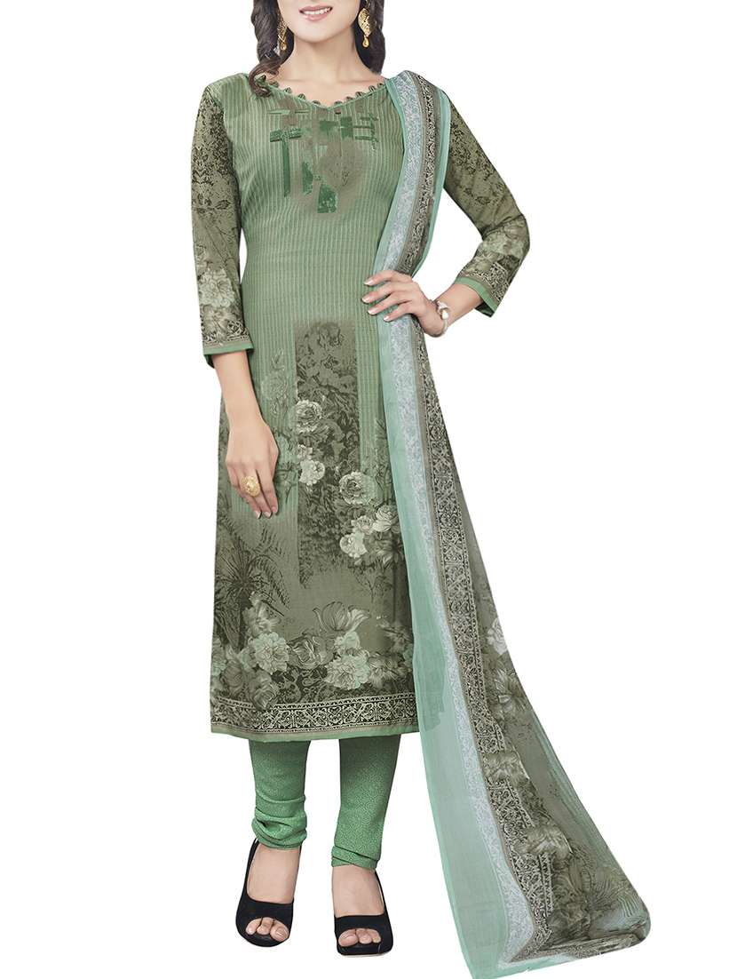 green crepe printed churidaar suits dress material
