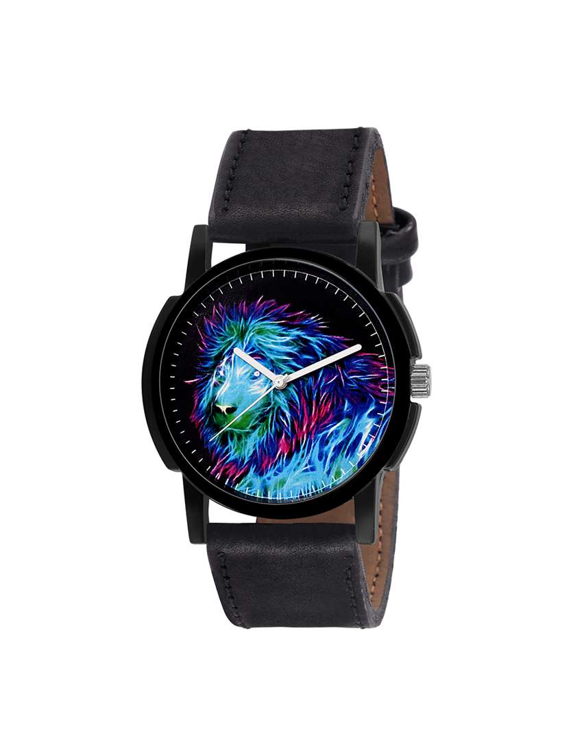 eraa men analog wrist watch with blue lion on dial with black strap