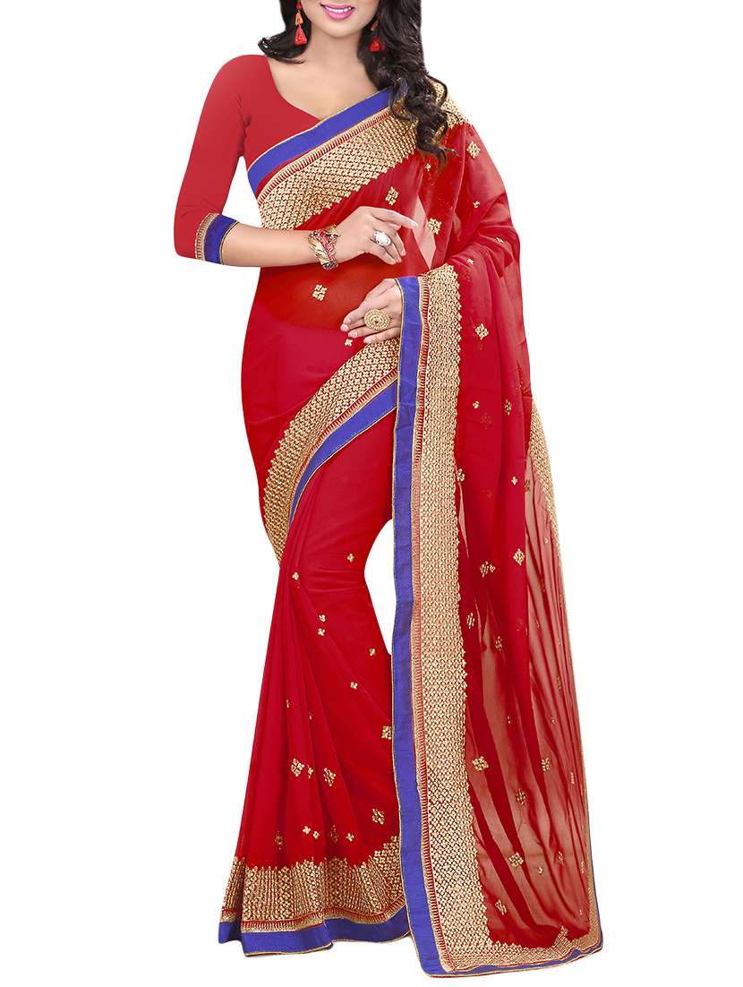 red embroidered saree with blouse